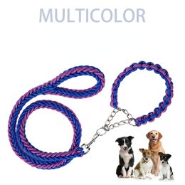 Eight-strand nylon braided dog collar leash dog chain impact blasting chain pet leash - Red - L