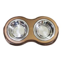 Plastic Framed Double Diner Pet Bowl in Stainless Steel; Small; Gold and Silver - BNC-14020