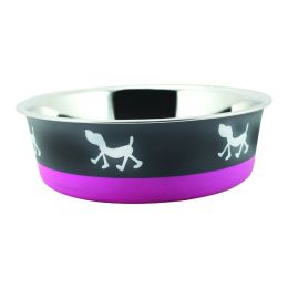 Stainless Steel Pet Bowl with Anti Skid Rubber Base and Dog Design; Large; Gray and Pink - BNC-10005