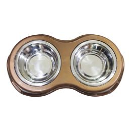 Plastic Framed Double Diner Pet Bowl in Stainless Steel; Large; Gold and Silver - BNC-14021