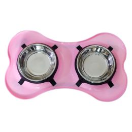 Bone Shaped Plastic Pet Double Diner with Stainless Steel Bowls; Pink and Silver - BNC-14050