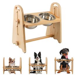 Elevated Dog Bowls for Medium Large Sized Dogs, Adjustable Heights Raised Dog Feeder Bowl with Stand for Food & Water - Wood