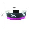 Stainless Steel Pet Bowl with Anti Skid Rubber Base and Dog Design; Large; Gray and Pink - BNC-10005